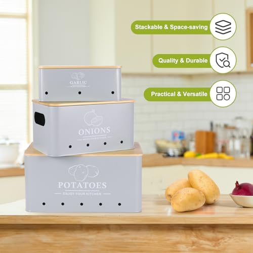 Kitchen Vegetable Storage Set of 3, Metal Onion Garlic Potato Storage Set, Kitchen Canisters Vegetable Keeper Containers with Aerating Holes and Bamboo Lid,Grey - Image 2