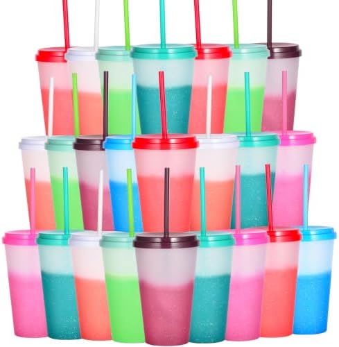 Color Changing Cups, 5 Pack 24oz Plastic Tumblers, Reusable Iced Coffee & Smoothie Cups with Lids and Straws for Parties and Travel (Bright, 24 Pcak) by Alohastarttg
