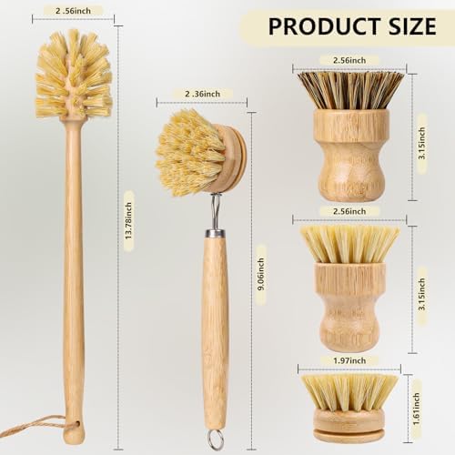 5 Pack Bamboo Dish Brush Set with 14’’ Bottle Brush - Image 2