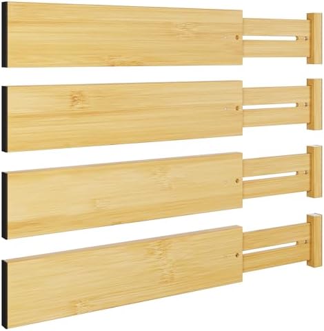 BAMEOS Bamboo Expandable Drawer Dividers – Fits 13.3"–19" Drawers, 3" Deep Walls, Set of 4 | Spring-Loaded Separator for Deep Kitchen & Bathroom Drawers, Prevents Items Falling Over by BAMEOS