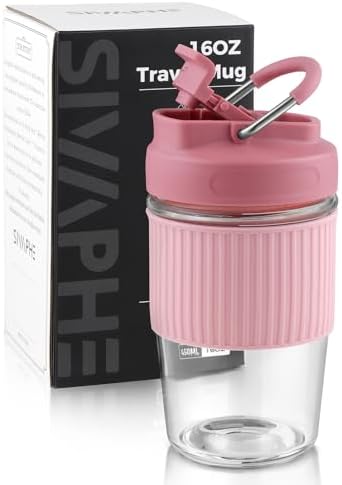 Sivaphe Reusable Glass Ice Hot Coffee Cup 16 oz, Portable Travel Mug with Spill-Proof Lid and Thermal Sleeve for Home Office Pink by Sivaphe
