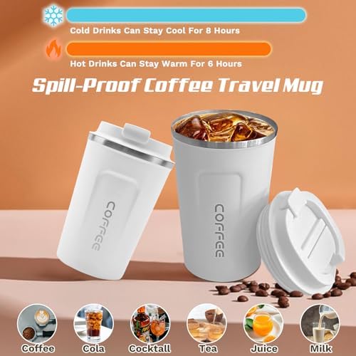 SPLMIFA Travel coffee mugs leak-proof, reusable coffee cups with lids, stainless steel vacuum insulated coffee tumblers, thermal insulation cups for men & women keep drinks hot & cold(2nd-White, 12OZ) - Image 2