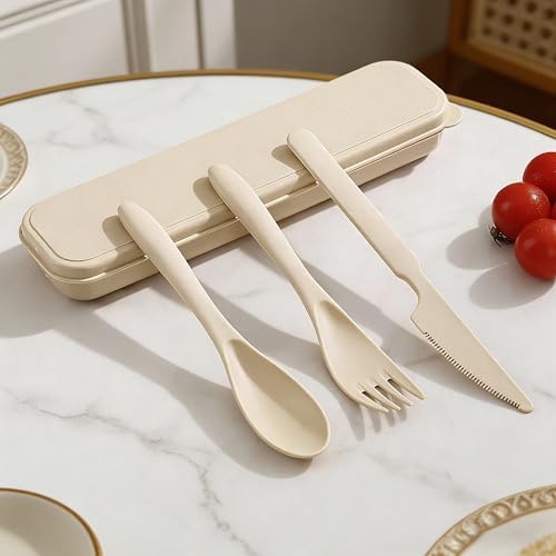 Travel Utensils Set with Case, 3 Pack Wheat Straw Portable Reusable Cutlery - Image 4