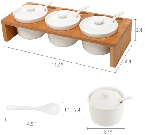 MyGift 10 Pcs Sauce Serving Dish, Hosting Party Essentials Host Gift, 3 Ceramic Ramekin Chip Dip Bowls with Lids & Spoons, Premium Bamboo Server Tray, Condiment Pot Entertaining - Image 2