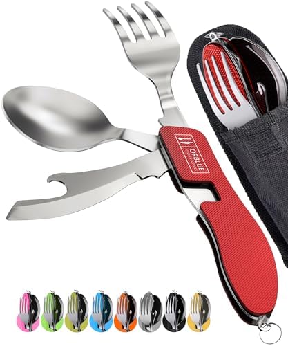 Orblue 4-in-1 Camping Eating Utensils, 2-Pack - Portable Spoon, Fork, Knife & Bottle Opener Combo Set - Stainless Steel Flatware with Detachable Fork - Travel, Backpacking Cutlery Multitool, Red by Orblue