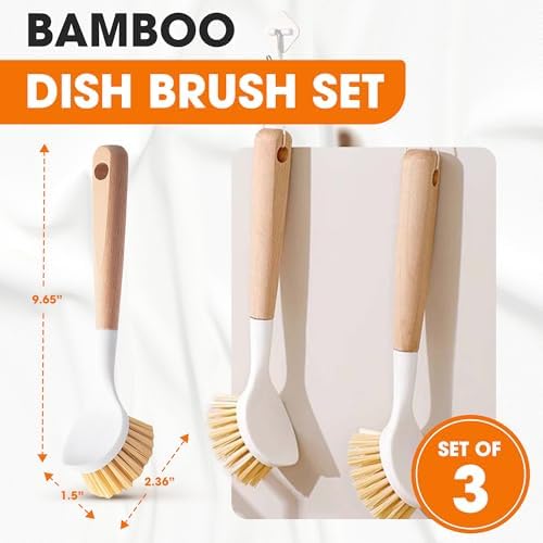 Cheer Collection Bamboo Dish Brush Set of 3 – Kitchen Scrub Brushes with Non-Scratch Bristles for Pots, Pans, and Sink Cleaning – Durable Dishwashing Brushes for Daily Kitchen Use - Image 3