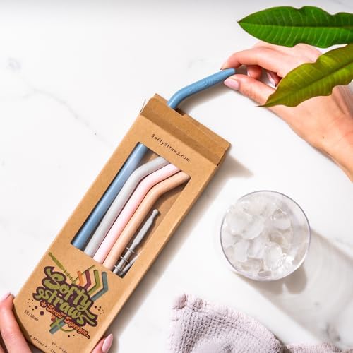Premium Reusable Silicone Drinking Straws + Patented Straw Squeegee - 9” Long With Curved Bend for 20/30/32oz Tumblers - Neutral Pastel Colors, BPA Free, Flexible, Bendy - Image 2