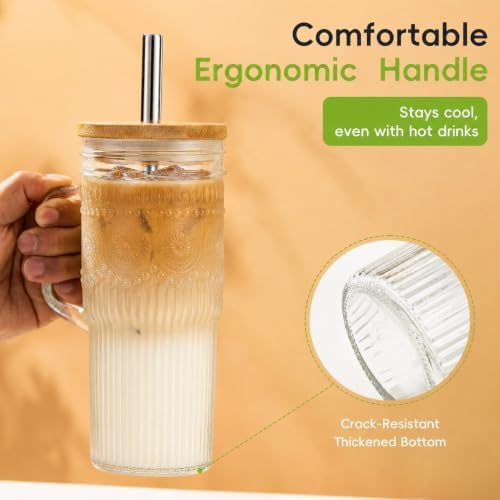 JunVpic Glass Tumbler, 24 oz Ice Coffee Cups with Bamboo Lid and Handle - Image 4