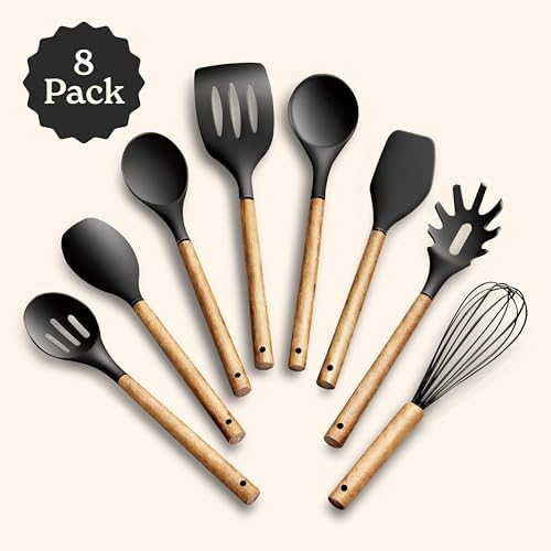 Country Kitchen Non Stick Silicone Utensil Set with Rounded Wood Handles for Cooking and Baking, 8 Piece Set, Black - Image 2