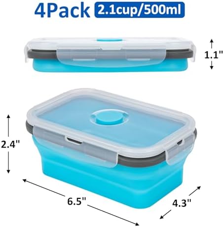 Collapsible Silicone Food Storage Containers Set with Lid & Air Vent,Foldable Lunch Containers(4PCS,Blue,17oz) - Image 3