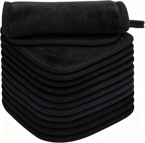 Makeup Remover Cloth 12 Pack, Ultra Soft and Reusable Microfiber Makeup Remover Towels for All Skin Types, Makeup Removal Face Cleansing Cloth, 6” X 6”, Black by Vnoss