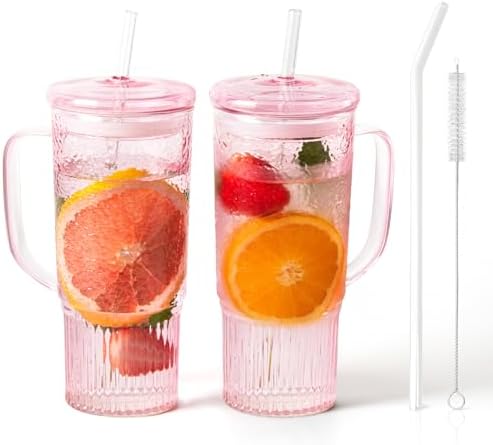 JunVpic Glass Tumbler, 24 oz Glass Cup with Lid, Straw and Handle by Junvpic