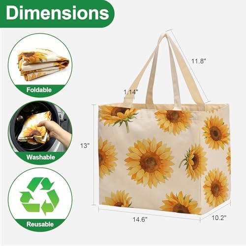 Aesthetic Canvas Reusable Grocery Bags Heavy Duty, 8.3 gal Foldable Large Tote Bag with Handles, Holds 60 lbs & Washable Eco-friendly Bags with 5 Pockets, Beige with a print 3 Bags - Image 6