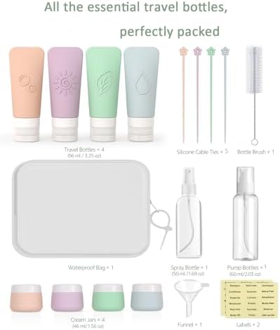 20-Piece Silicone Travel Bottles Set – TSA Approved Leakproof Toiletry Kit with Flat Easy-Squeeze Bottles, Tactile Icons, Cream Jars, Pump & Spray, Cleaning Brush - Image 2