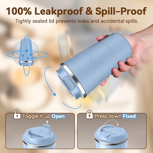 12OZ Travel Coffee Mug Insulated Coffee Cup with Spill Leak Proof Lid, Portable Stainless Steel Tumbler Reusable Hot and Cold Water Mug for Car, Daily, Camping- Light Blue - Image 4