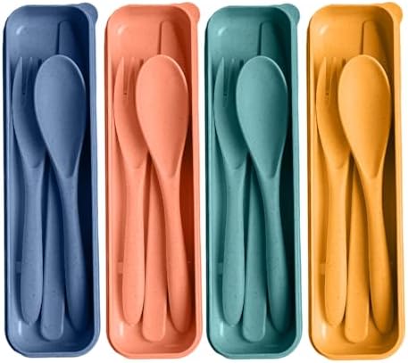 Travel Utensils with Case, 4 Sets Reusable Utensils Set with Case, Wheat Straw Utensils for Lunch Box Accessories, Camping Utensil Set for School Work Lunch or Daily Use by HMDZMR