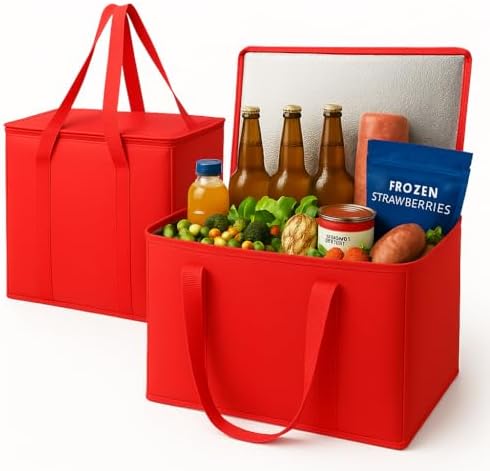musbus 2Pk Insulated Reusable Grocery Bags, Collapsible Cooler Bag for Groceries, Heavy Duty Large Insulated Bag (Large, Bright Red) by Musbus