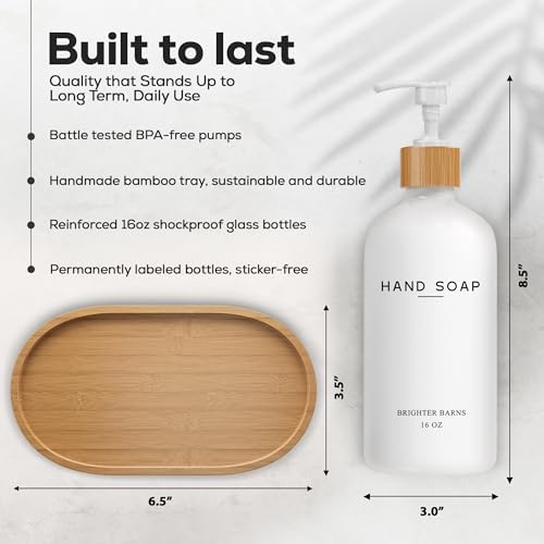 White Glass Soap and Lotion Dispenser Set with Tray by Brighter Barns - Hand Soap Dispenser Bathroom Set - Bamboo Bathroom Soap Dispenser Set - Minimalist Bathroom Accessories, Modern Home Decor - Image 3