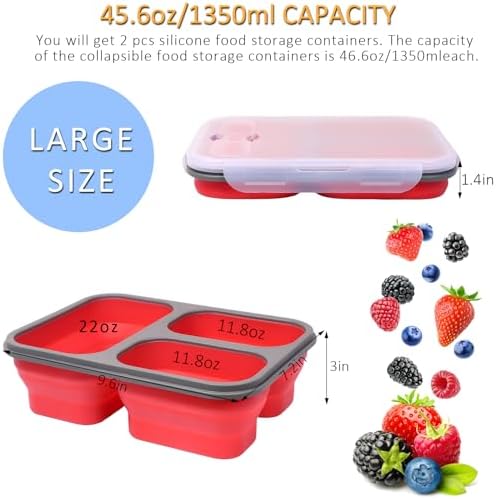 Big Collapsible Silicone Bento Lunch Box, 2 Pack with 3 Compartments Each,45.6oz Food Storage Containers with Spoons Forks, Portable for Work, Picnic, Travel, BPA Free - Image 2