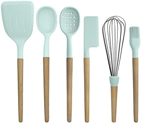 Country Kitchen Non Stick Silicone Utensil Set with Rounded Wood Handles for Cooking and Baking, 6 Piece Set, Mint by CountryKitchen