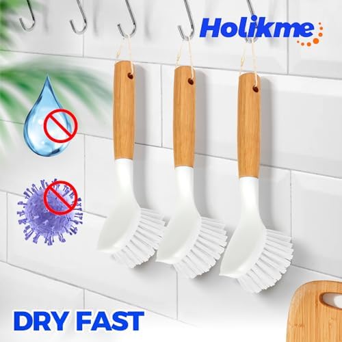 Holikme 3 Pack Dish Brush with Bamboo Handle Cleaning Brush,White - Image 5