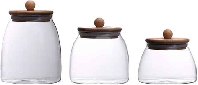 NUOBESTY 3 Pcs Transparent Storage Jars with Wooden Lids Airtight Sealed Canisters for Cereal Tea Dried Fruits Kitchen Pantry Organization
