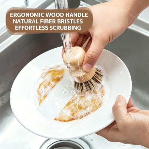 Bamboo Dish Brush Set, 4 Pack Kitchen Palm Pot Brush with Union Fiber - Image 3
