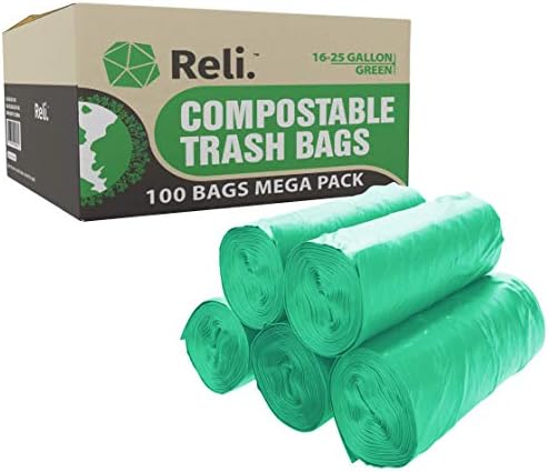 Reli. Compostable 16-25 Gallon Trash Bags | 100 Count Bulk | Green by Reli