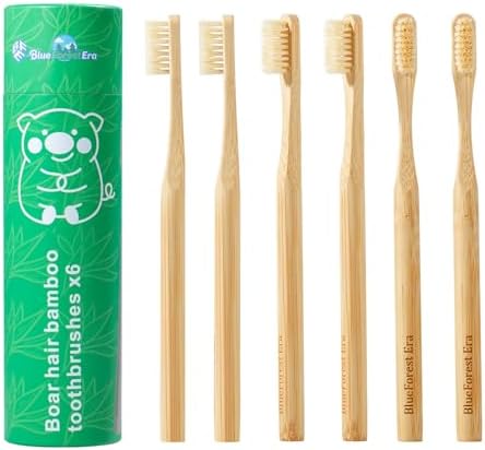 Boar Bristle Toothbrush, Natural Bamboo Toothbrushes 6 Pack by BlueForestEra