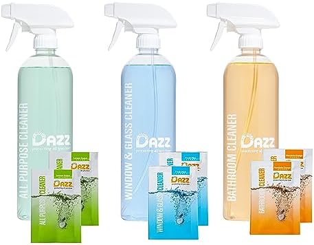 DAZZ Whole House Starter Kit (3 Reusable Spray Bottles, 6 Refills) Natural All Purpose Cleaner, Glass and Window Cleaner, and Bathroom Cleaner - Eco Friendly, Non Toxic by Dazz