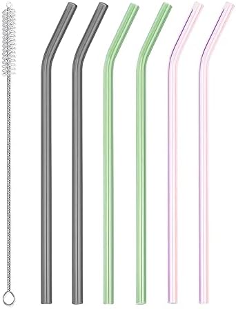 Reusable Glass Straws - 9" L x 8 mm W - Smoothie Drinking Straws for Smoothie, Milkshakes, Pack of 6 with 1 Cleaning Brush (mix4) by AMZSOCKETS