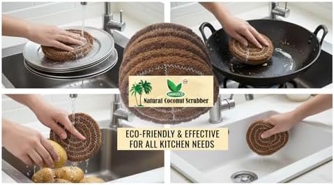 Natural Coconut Fiber Scrub Pad Pack of 12 – 4 Inch (10cm) Extra Thick 10mm Round Coir Scouring Pads | Heavy Duty Eco-Friendly Kitchen Cleaning Scrubber | Biodegradable & Plastic-Free - Image 3