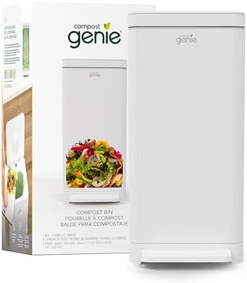 Compost Genie Kitchen Compost Bin, White Stainless-Steel Large, 3.6 Gallon, Indoor Odorless Composting, Hands-Free, Washable Parts, Includes 8 Tear-Off Compostable Bags and 4 Carbon Filters by CompostGenie