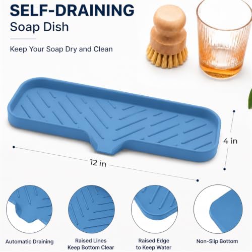 MicoYang Silicone Soap Dish with Drain Spout — Self-Draining Double Sink Organizer Tray for Kitchen & Bath, Dispensers, Sponges & Soap Holder, Non-Slip & Dishwasher Safe, Lichen Blue (Large, 12"×4") - Image 2