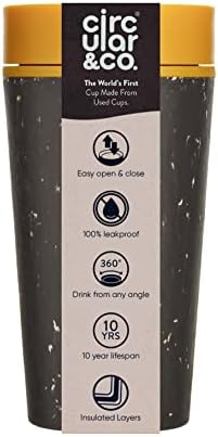 Circular and Co Leakproof Reusable Coffee Cup 12oz/340ml - The World's First Travel Mug Made from Recycled Coffee Cups, 100% Leak-Proof, Sustainable & Insulated (Black & Electric Mustard) by CircularCo