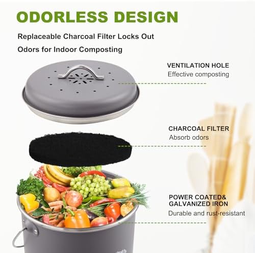 Kitchen Countertop Compost Bin, Odor Resistant Indoor Compost Bin with Lid and Charcoal Filter, Rust Resistant Coated Compost Bucket, Compost Container, Gray - Image 4