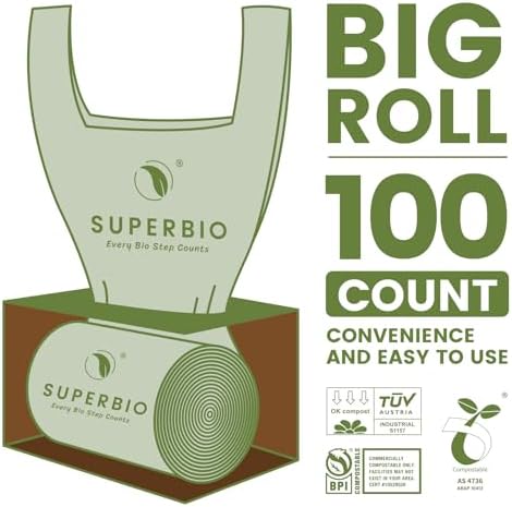 SUPERBIO 2.6 Gallon Compostable Bags with Handles, 100 Count,1 Pack, Food Scrap Bags Certified by BPI and OK compost INDUSTRIAL, 9.84L - Image 2