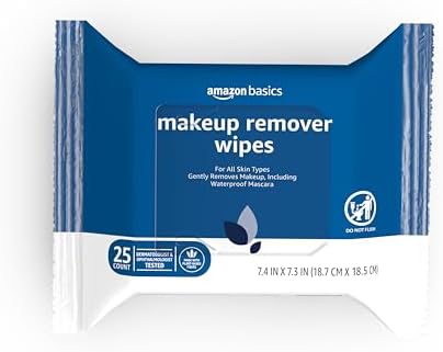 Amazon Basics Makeup Remover Wipes, Gentle Facial Cleansing, Dermatologist Tested, Original, Plant-Based, Alcohol-Free, Removes Waterproof Mascara, 25 Count, 1-Pack by AmazonBasics