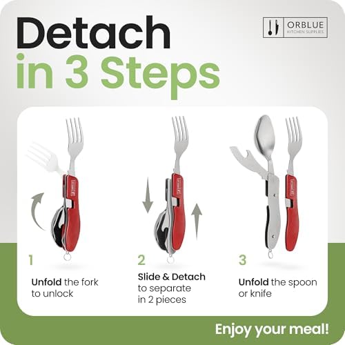 Orblue 4-in-1 Camping Eating Utensils, 2-Pack - Portable Spoon, Fork, Knife & Bottle Opener Combo Set - Stainless Steel Flatware with Detachable Fork - Travel, Backpacking Cutlery Multitool, Red - Image 3