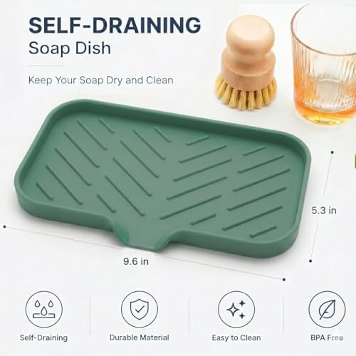 MicoYang Silicone Soap Dish with Drain Spout — Self-Draining Sink Organizer Tray for Bathroom & Kitchen, Sponges, Dispensers & Soap Holder, Non-Slip & Dishwasher Safe, Green (Medium, 9.6"×5.3") - Image 2
