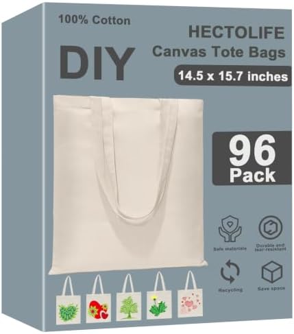 HECTOLIFE 6/12/24/48/ 96 Pack Canvas Tote Bags,Reusable Blank Canvas for Shopping Bags by HECTOLIFE