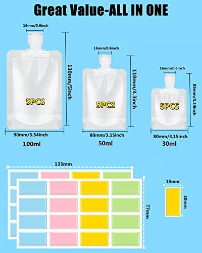 SEQUHITKU 17 Pack Travel Pouches for Toiletries,TSA Approved,Travel Size Portable Containers,Stand Up Pouch,Refillable Travel Accessories for Shampoo Conditioner Lotion Soap Liquids (B-17pcs) - Image 2