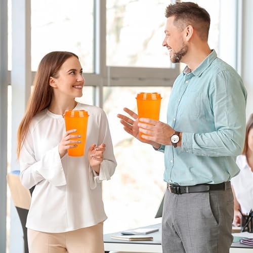 20 Pack Reusable Coffee Cups with Lids 16 oz Plastic Tumblers Travel Mug Iced Coffee Cup for Adults and Women Hot and Cold Drinks, Microwaveable(Orange) - Image 5
