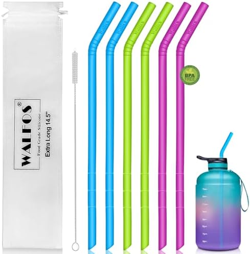 WALFOS 14.5 inch Extra Long Reusable Silicone Straws, Big Sizes Flexible Bendable Straws for 1/Half Gallon Large Water Bottles, 128 75 64 40 OZ Tumbler with Cleaning Brush (6-Pack) by Walfos