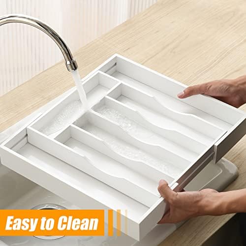 Bellsal White Silverware Organizer Kitchen Drawer Organizer Expandable Bamboo Utensil Holder Cutlery Tray for Kitchen Utensil and Flatware Bedroom Office - Image 4