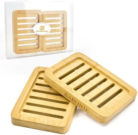2 Pack FSC Bamboo Soap Dish, Slotted Self-Draining Bar Soap Holder by BABONIE