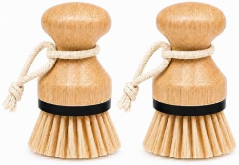 Kitchen Simple Bamboo Palm Brush Set, 2 Pack Dish Scrub Brushes for Pots, Pans, Dishes & Sink Cleaning, Durable Bristles, Bamboo Handle, Black Accent & Cotton Hanging Loop by Unknown