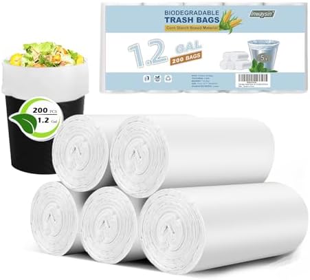 Inwaysin 1.2 Gallon 200 Pcs Small Trash Bags Bathroom Garbage Bags, Clear White Office Waste Basket Liners Compost Bags for Kitchen, Office, Pet Litter, Car, 5-6 Liter by Inwaysin