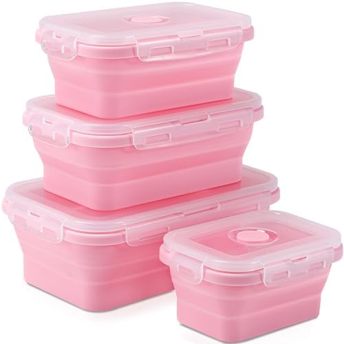 4 Collapsible Silicone Food Storage Containers, Square, Pink by Unknown