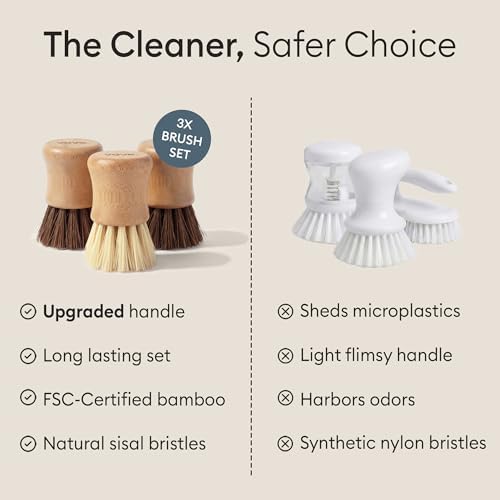 Vove Bamboo Dish Scrub Brush Set 3-Pack, 2 Hard and 1 Medium Brushes - Image 5